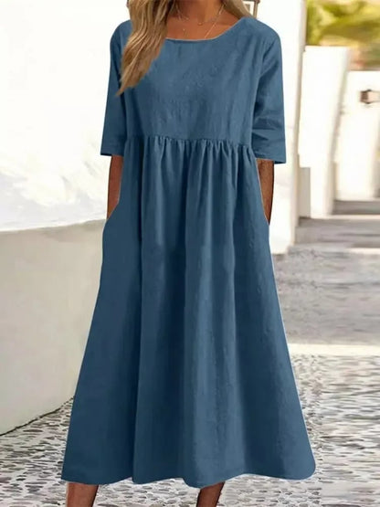 👗 Βαμβακερό φόρεμα με στρογγυλή λαιμόκοψη και τσέπες