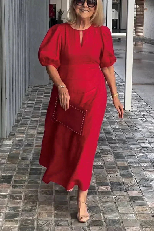👗 Μονόχρωμο φόρεμα με φουσκωτά μανίκια από βαμβακερό και λινό ύφασμα