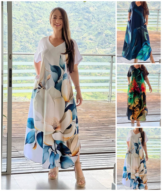 👗 Τυπωμένο φόρεμα με κοντά μανίκια