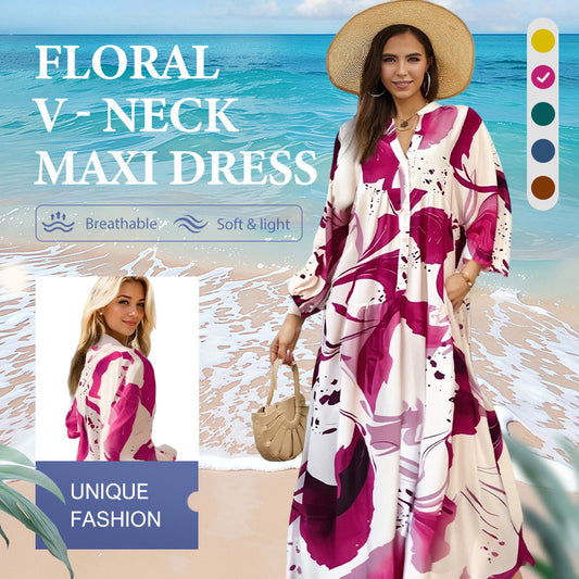 🌸💃Γυναικείο φλοράλ φόρεμα Maxi με V-λαιμό λαιμόκοψη