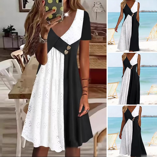 💃 Γυναικεία κομψά φορέματα με patchwork V-λαιμός