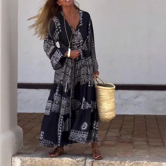 Γυναικείο casual φόρεμα με V λαιμόκοψη και τυπωμένο μοτίβο